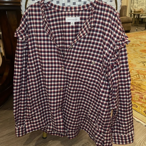 Something Navy Jaime Maroon White Ruffle Sleeve Plaid Button Up Long Sleeve Top - Picture 3 of 6